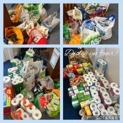 Bwyd a bagiau plastig i'r banc bwyd lleol.